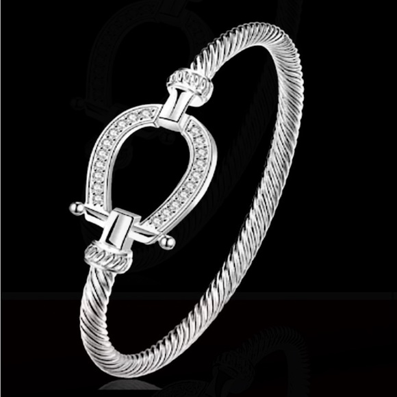 STERLING SILVER ZIRCON HORSESHOE BANGLE BRACELET - Picture 5 of 7